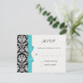 Damask Turquoise Bow Wedding RSVP Card (Stehend Vorderseite)