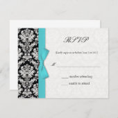 Damask Turquoise Bow Wedding RSVP Card (Vorne/Hinten)