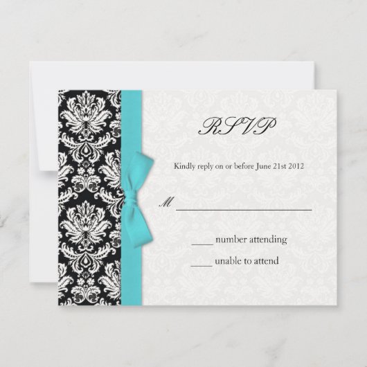 Damask Turquoise Bow Wedding RSVP Card Karte (Vorderseite)