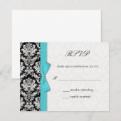 Damask Turquoise Bow Wedding RSVP Card Karte (Vorne/Hinten)