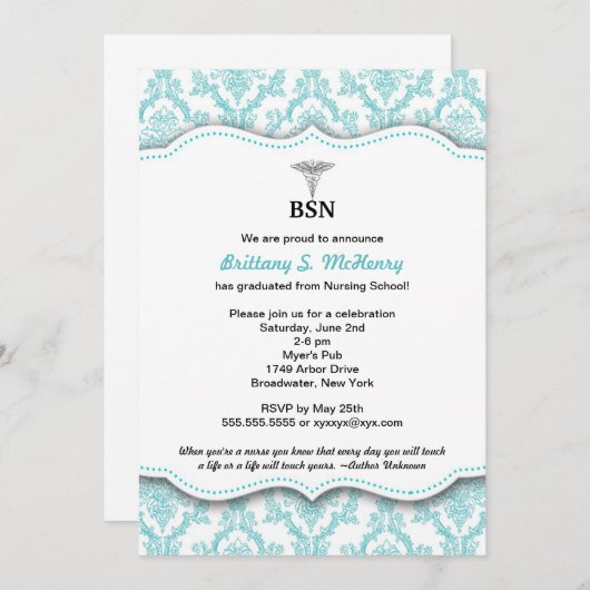 Damask Turquoise Nurpinning Abschluss BSN RN Einladung (Vorne/Hinten)