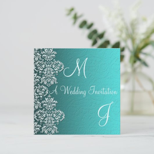 Damask Turquoise Wedding Einladung (Stehend Vorderseite)