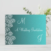 Damask Turquoise Wedding Einladung (Stehend Vorderseite)
