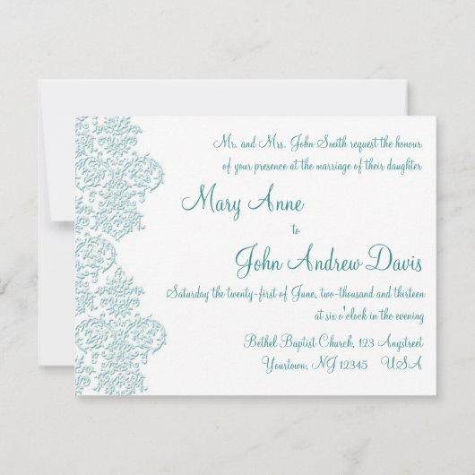 Damask Turquoise Wedding Einladung (Rückseite)
