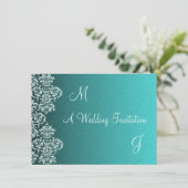 Damask Turquoise Wedding Einladung (Stehend Vorderseite)