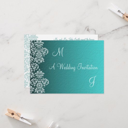 Damask Turquoise Wedding Einladung (Vorderseite/Rückseite Beispiel)