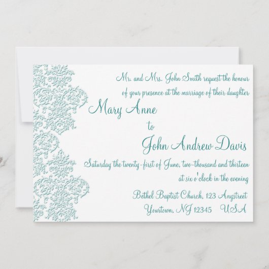 Damask Turquoise Wedding Einladung (Rückseite)