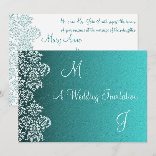 Damask Turquoise Wedding Einladung (Vorne/Hinten)