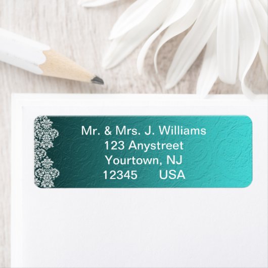 Damask Turquoise Wedding Return Address Label (Insitu)