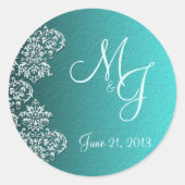 Damask Turquoise Wedding Round Stickers (Vorderseite)