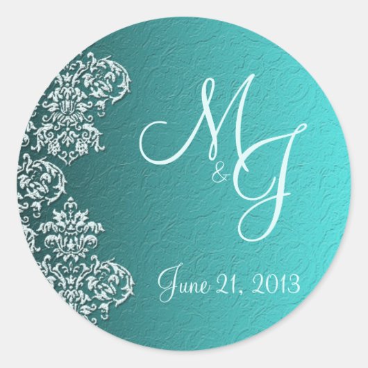 Damask Turquoise Wedding Round Stickers (Vorderseite)