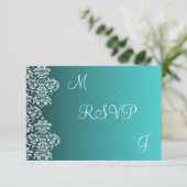 Damask Turquoise Wedding RSVP Karte (Stehend Vorderseite)