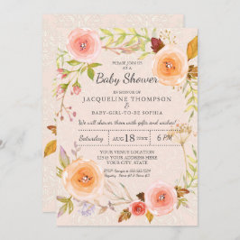 Damask Typografie Blush in Gold Wasserfarbenfloral Einladung