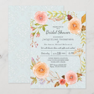 Damask Typografy Blue n Pink Floral Wreath Bridal Einladung