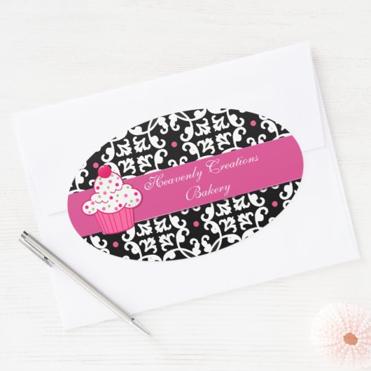 Damask und Cupcake Bakery Box Aufkleber (Umschlag)