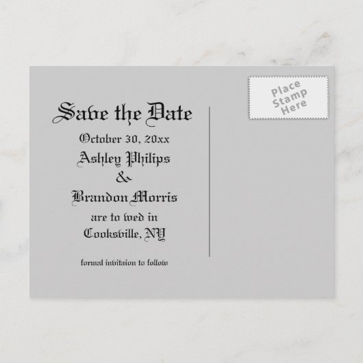 Damask und grüne Save the Date Postkarte (Rückseite)