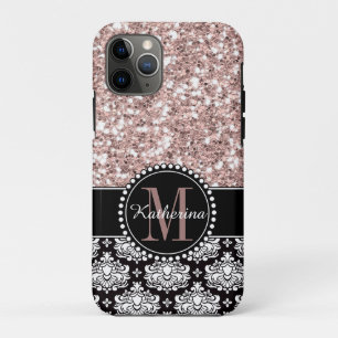 Damask und rosa Glitzer, Mit Monogramm Case-Mate iPhone Hülle
