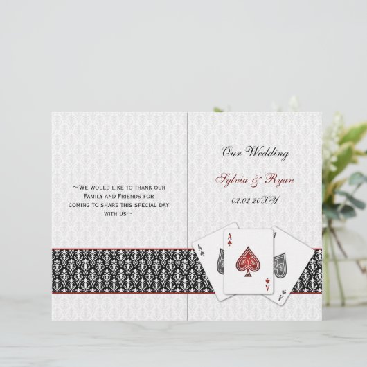 Damask Vegas rotes Hochzeitsprogramm (Stehend Vorderseite)