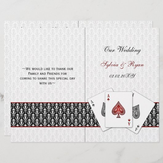 Damask Vegas rotes Hochzeitsprogramm (Vorne/Hinten)