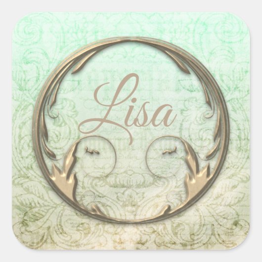 Damask viktorianisches Skriptgold grün Quadratischer Aufkleber (Vorderseite)