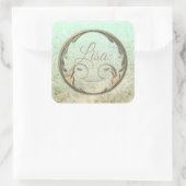 Damask viktorianisches Skriptgold grün Quadratischer Aufkleber (Tasche)