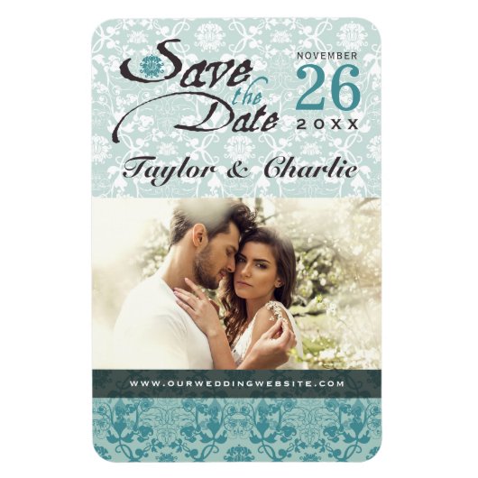 Damask Vintag Lace Save the Date Foto Magnet (Vertikal)