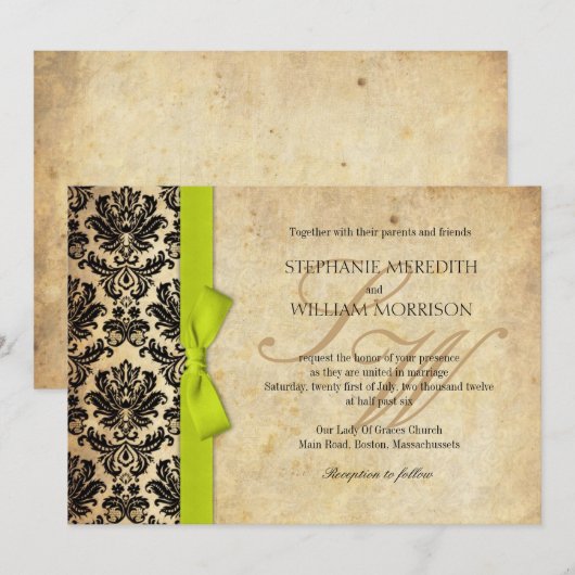 Damask Vintager Limoner Bow-Einladung Einladung (Vorne/Hinten)