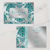 Damask Visitenkarte in aquamarinem Grün auf Silber (Vorne/Hinten)