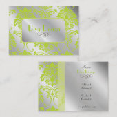 Damask Visitenkarte in Kalkgrün auf Silberton (Vorne/Hinten)