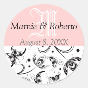 Damask Wedding Bride Groom Names Date Monogram Runder Aufkleber