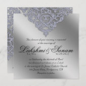 Damask Wedding Einladender Sparkle Silver Lace Einladung (Vorne/Hinten)