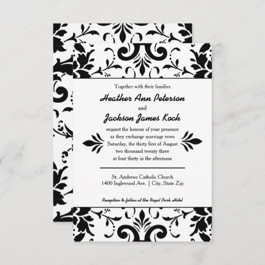 Damask Wedding Einladung 3x5 Schwarz und Weiß (Vorne/Hinten)
