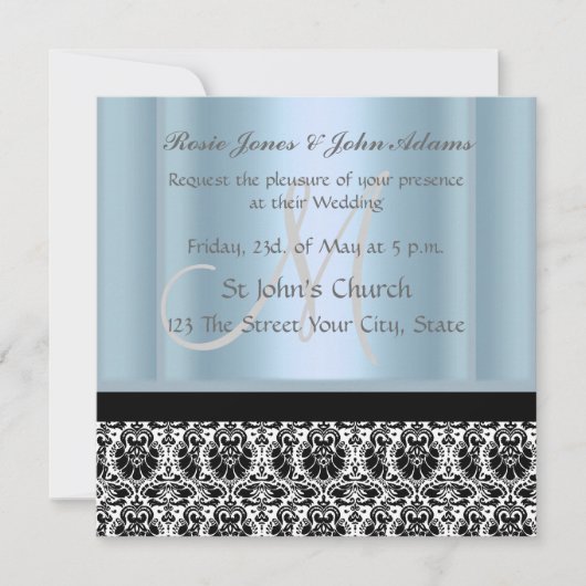 Damask Wedding Einladung Black and Sky Blue (Vorderseite)