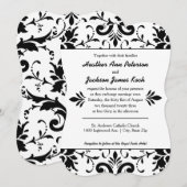 Damask Wedding Einladung formell Schwarz-Weiß (Vorne/Hinten)