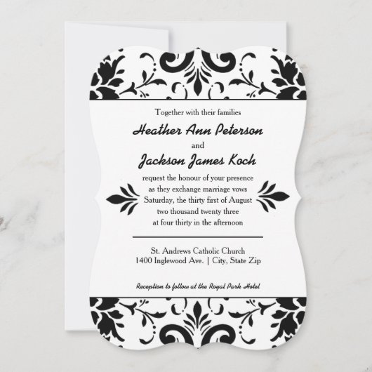 Damask Wedding Einladung formell Schwarz-Weiß (Vorderseite)