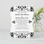 Damask Wedding Einladung formell Schwarz-Weiß (Stehend Vorderseite)