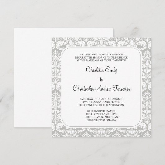 Damask Wedding Einladung Silberwolke (Vorne/Hinten)