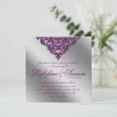 Damask Wedding Einladung Sparkle Silver Lila 2 (Stehend Vorderseite)