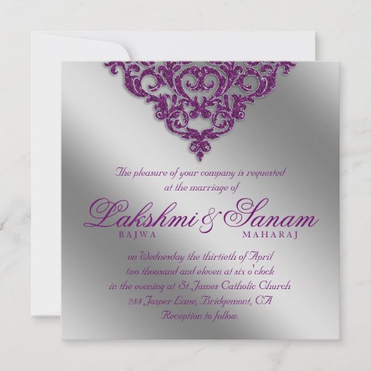 Damask Wedding Einladung Sparkle Silver Lila 2 (Vorderseite)