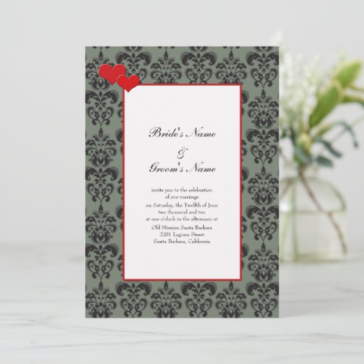 Damask Wedding Einladungen mit Red Trim Self Host (Stehend Vorderseite)