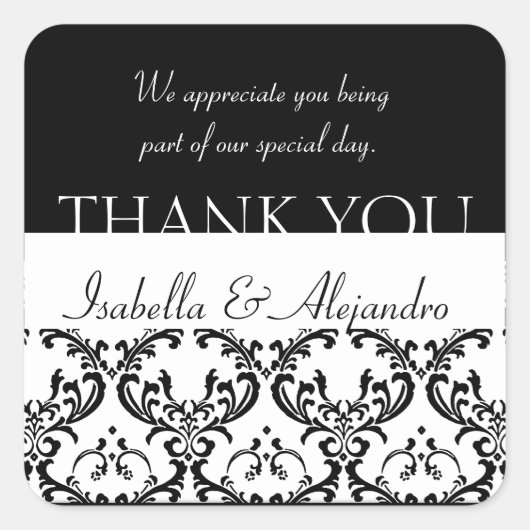 Damask Wedding Gefallen Vielen Dank Label Black Sq Quadratischer Aufkleber (Vorderseite)