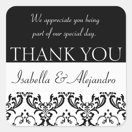 Damask Wedding Gefallen Vielen Dank Label Black Sq Quadratischer Aufkleber (Vorderseite)