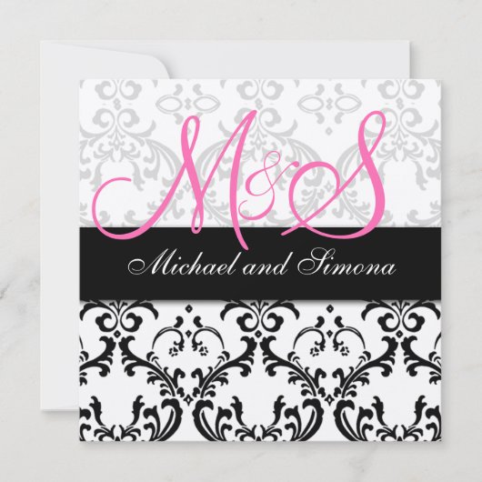 Damask Wedding Invitation Initials Names Pink Einladung (Vorderseite)