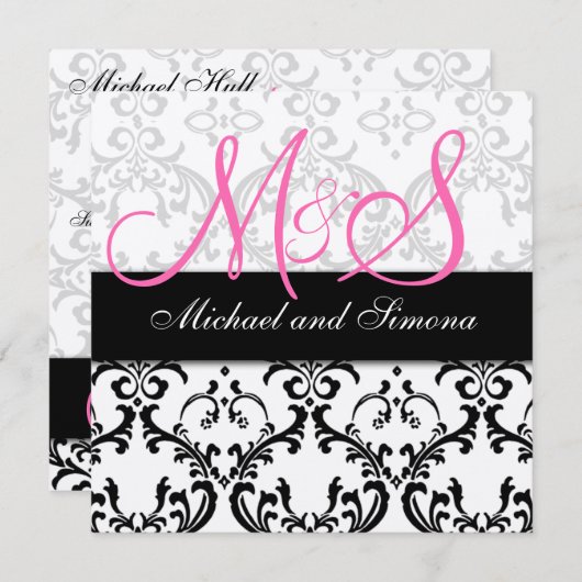 Damask Wedding Invitation Initials Names Pink Einladung (Vorne/Hinten)
