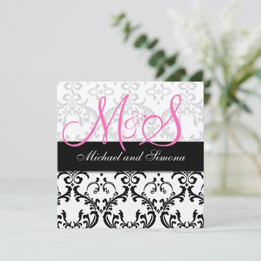 Damask Wedding Invitation Initials Names Pink Einladung (Stehend Vorderseite)