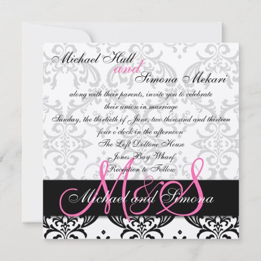 Damask Wedding Invitation Initials Names Pink Einladung (Rückseite)