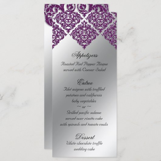 Damask Wedding Menu Cards Lila Glitzer hell Menükarte (Vorne/Hinten)
