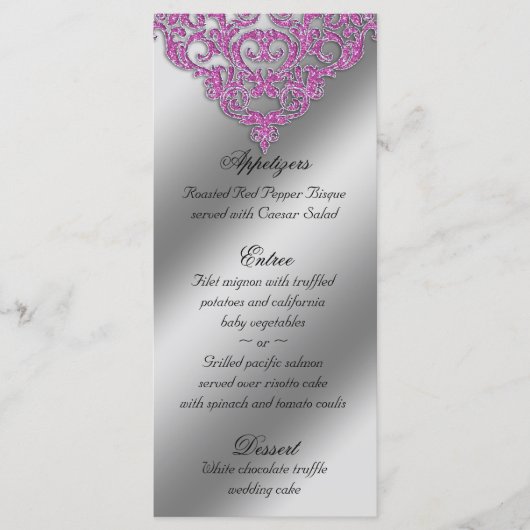 Damask Wedding Menu Cards Sparkle Pink Menükarte (Vorderseite)