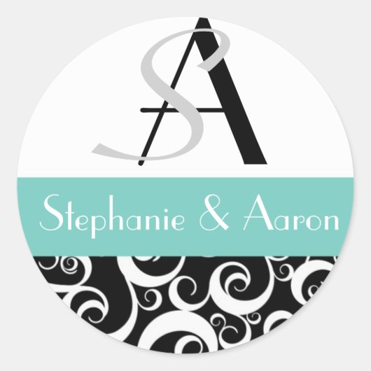 Damask Wedding Monogram in Black and Aqua Runder Aufkleber (Vorderseite)