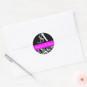 Damask Wedding Monogram in Black and Fuchsia Runder Aufkleber (Umschlag)